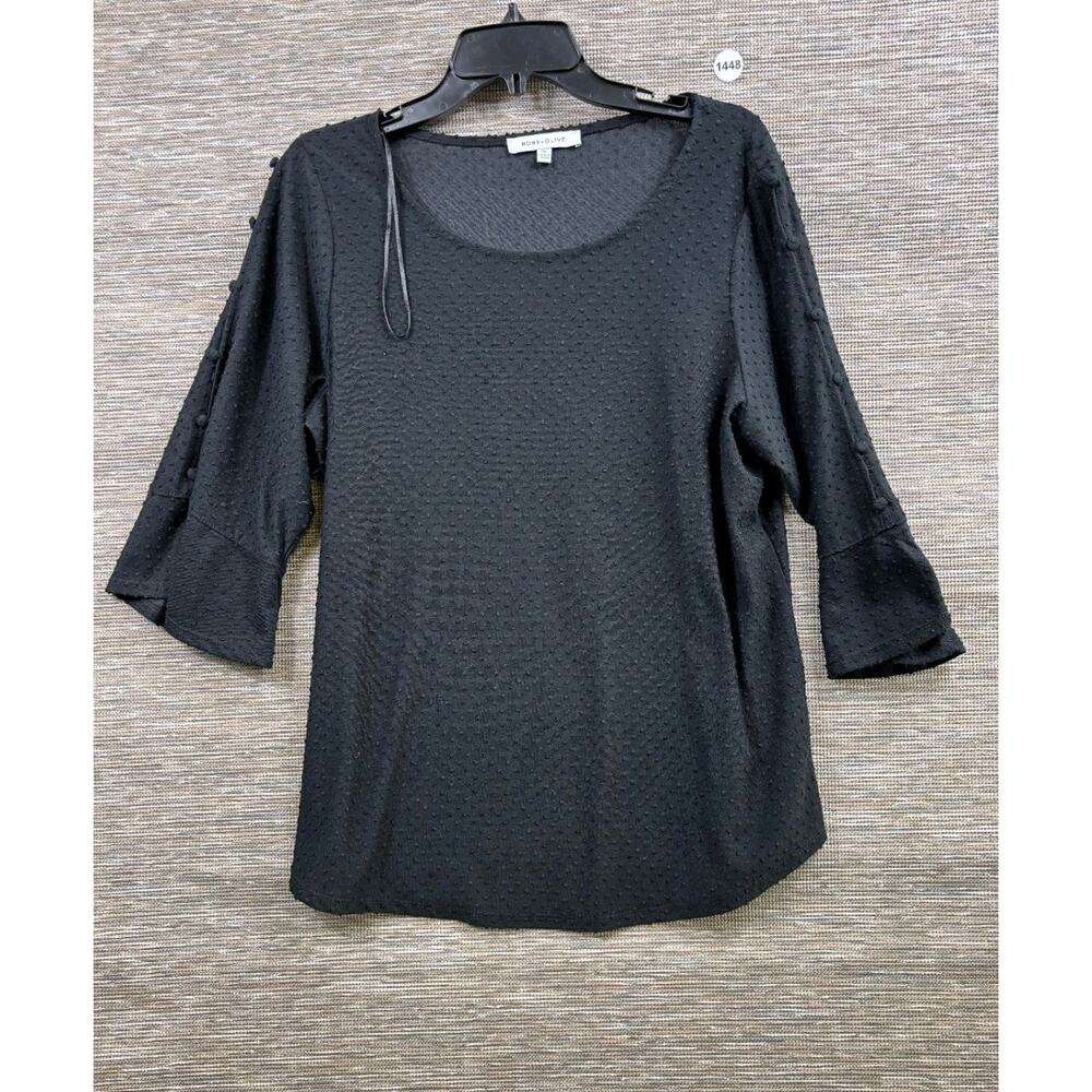 Rose + Olive Popcorn Blouse Womens Size 1X Black Side Buttons Bell 3/4 Sleeves
